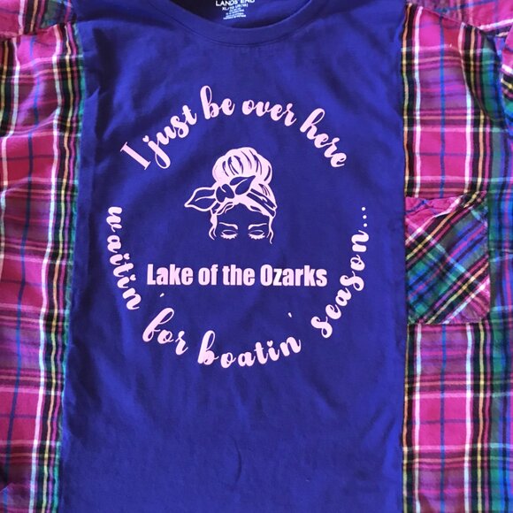 Upcycled Flannel Tee, Size M-L: Oversized Lake of the Ozarks Graphic T-Shirt - Picture 10 of 10